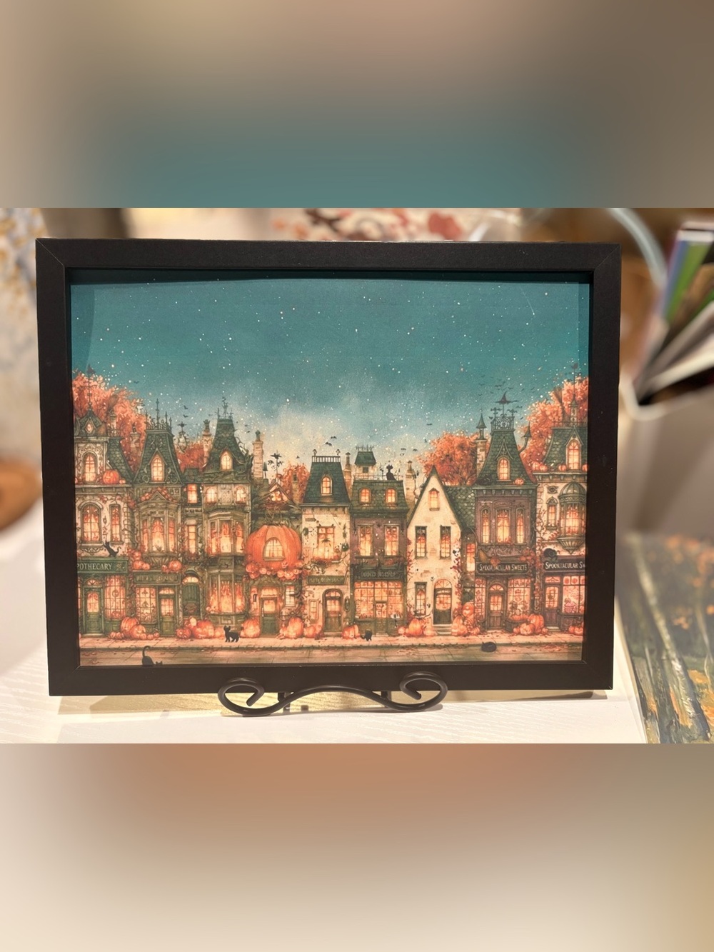 Framed Autumn Village 8x10 Art Print - Teal and Orange